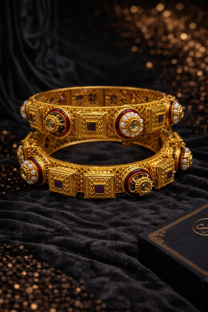 Royal Heritage Gold Bangles – Antique Designer Kada Set
