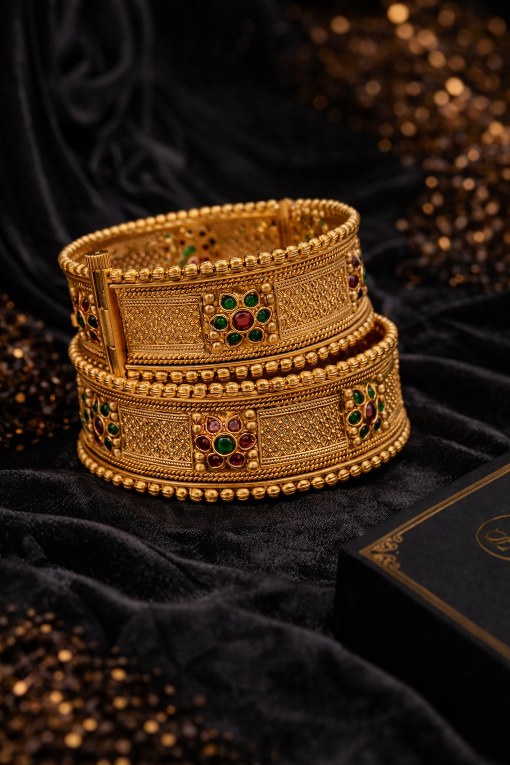 Heritage Gold Temple Bangle Set with Stone Embellishments