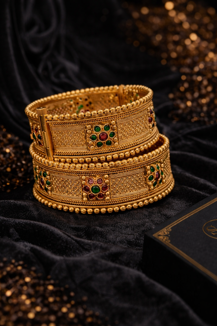 Heritage Gold Temple Bangle Set with Stone Embellishments